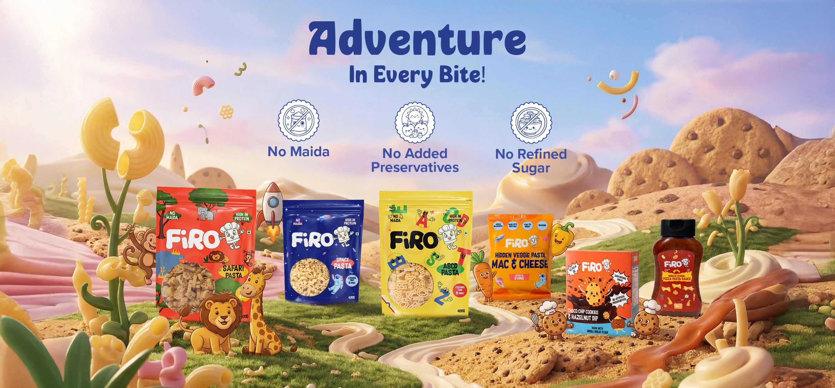 FIFO cereal packages with a colorful landscape background and 'Adventure in Every Bite!' text.