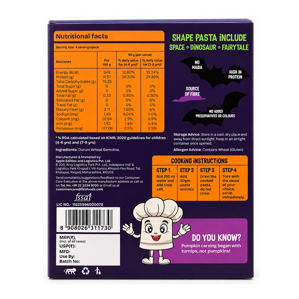 FIRO Halloween Shape Pasta | 200g — back of pack