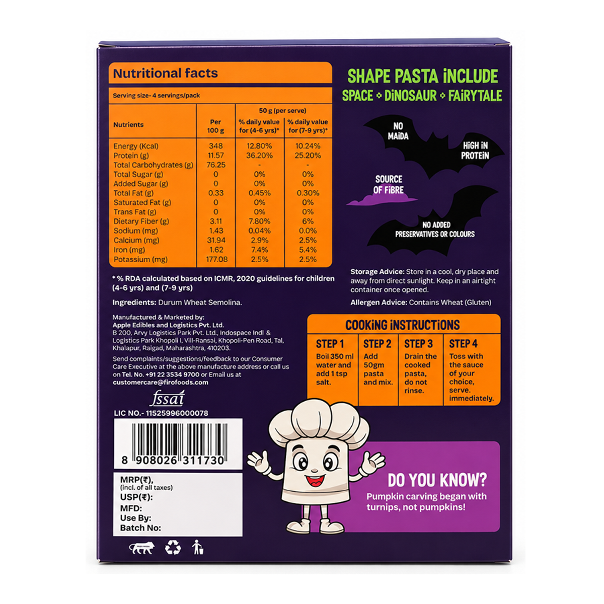 FIRO Halloween Shape Pasta | 200g — back of pack